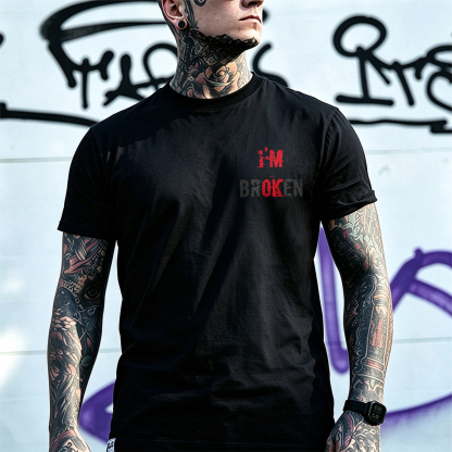 I’M BROKEN Letters Graphic Casual Simple White and Black Print T-shirt Image - 4
