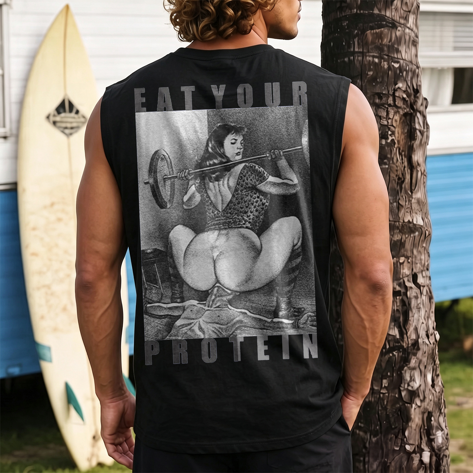 EAT YOUR PROTEIN Barbell Squat Double Entendre Erotica Adult Humor Print Men's Vest Image - 2