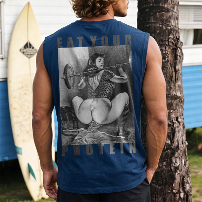 EAT YOUR PROTEIN Barbell Squat Double Entendre Erotica Adult Humor Print Men's Vest Image - 3