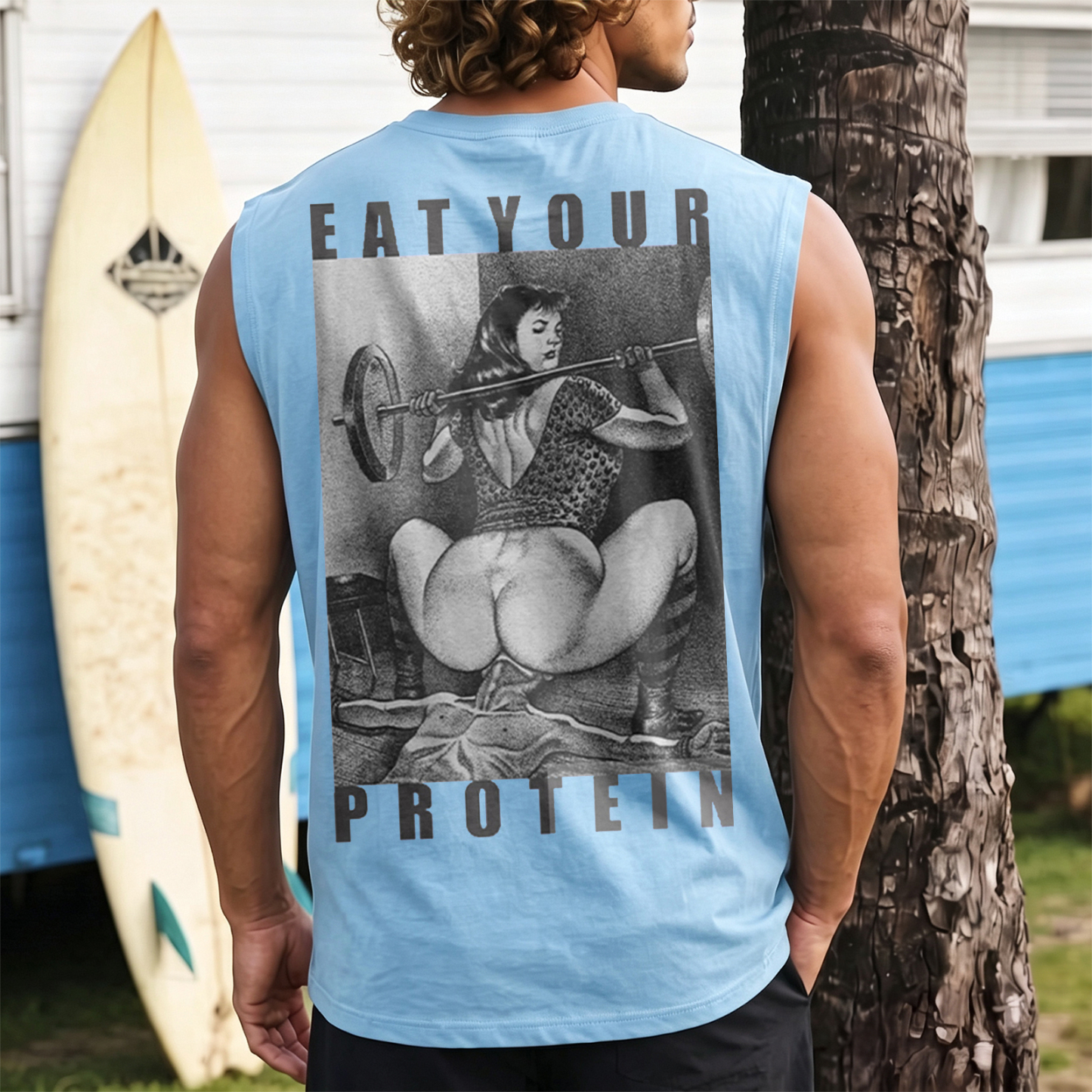 EAT YOUR PROTEIN Barbell Squat Double Entendre Erotica Adult Humor Print Men's Vest Image - 4