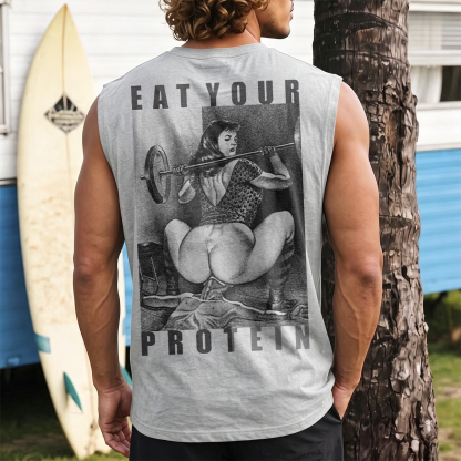 EAT YOUR PROTEIN Barbell Squat Double Entendre Erotica Adult Humor Print Men's Vest Image - 6