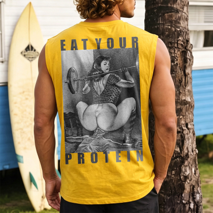 EAT YOUR PROTEIN Barbell Squat Double Entendre Erotica Adult Humor Print Men's Vest Image - 7