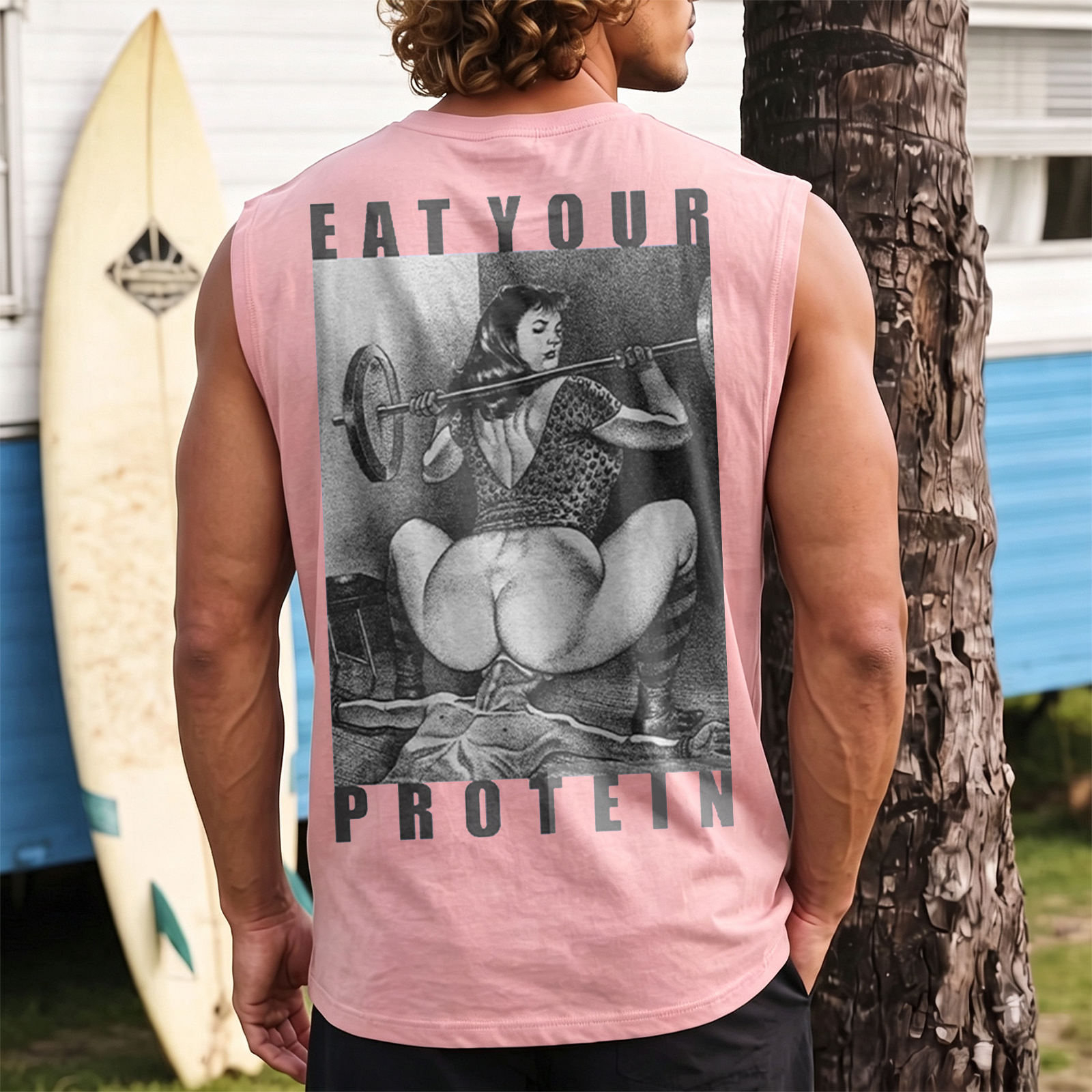 EAT YOUR PROTEIN Barbell Squat Double Entendre Erotica Adult Humor Print Men's Vest Image - 8