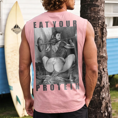 EAT YOUR PROTEIN Barbell Squat Double Entendre Erotica Adult Humor Print Men's Vest Image - 8