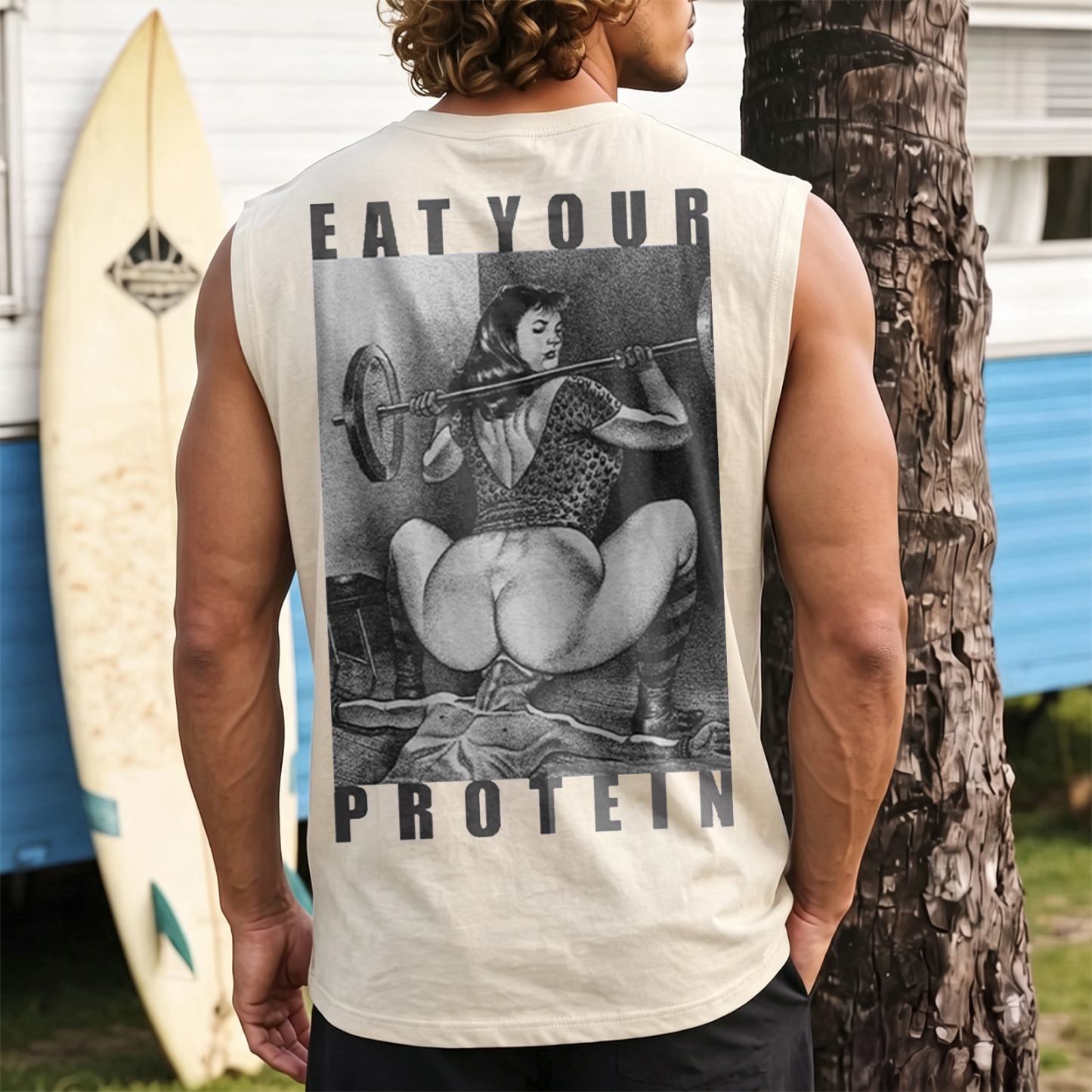 EAT YOUR PROTEIN Barbell Squat Double Entendre Erotica Adult Humor Print Men's Vest Image - 10