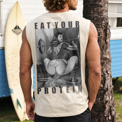 EAT YOUR PROTEIN Barbell Squat Double Entendre Erotica Adult Humor Print Men's Vest Image - 10