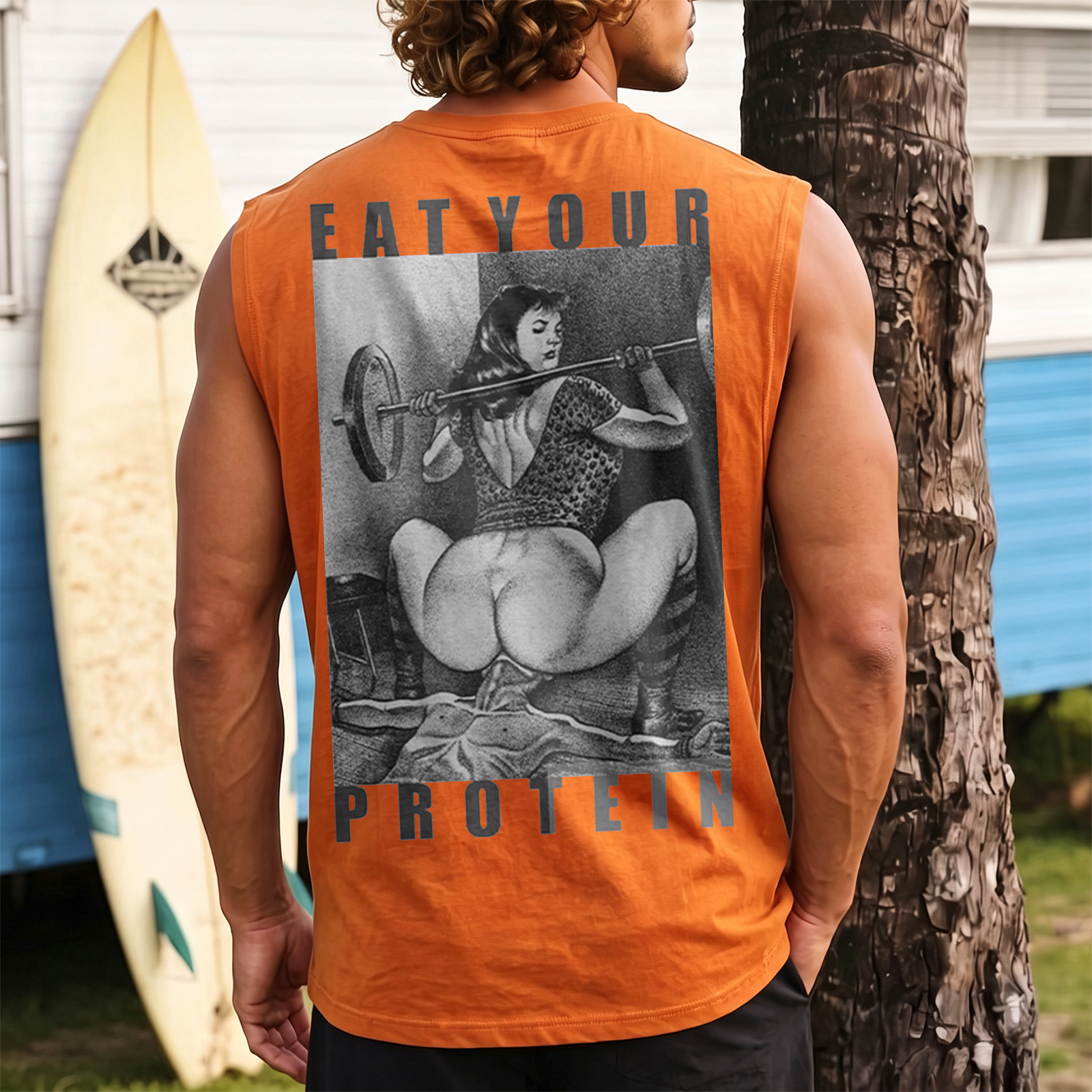 EAT YOUR PROTEIN Barbell Squat Double Entendre Erotica Adult Humor Print Men's Vest Image - 9