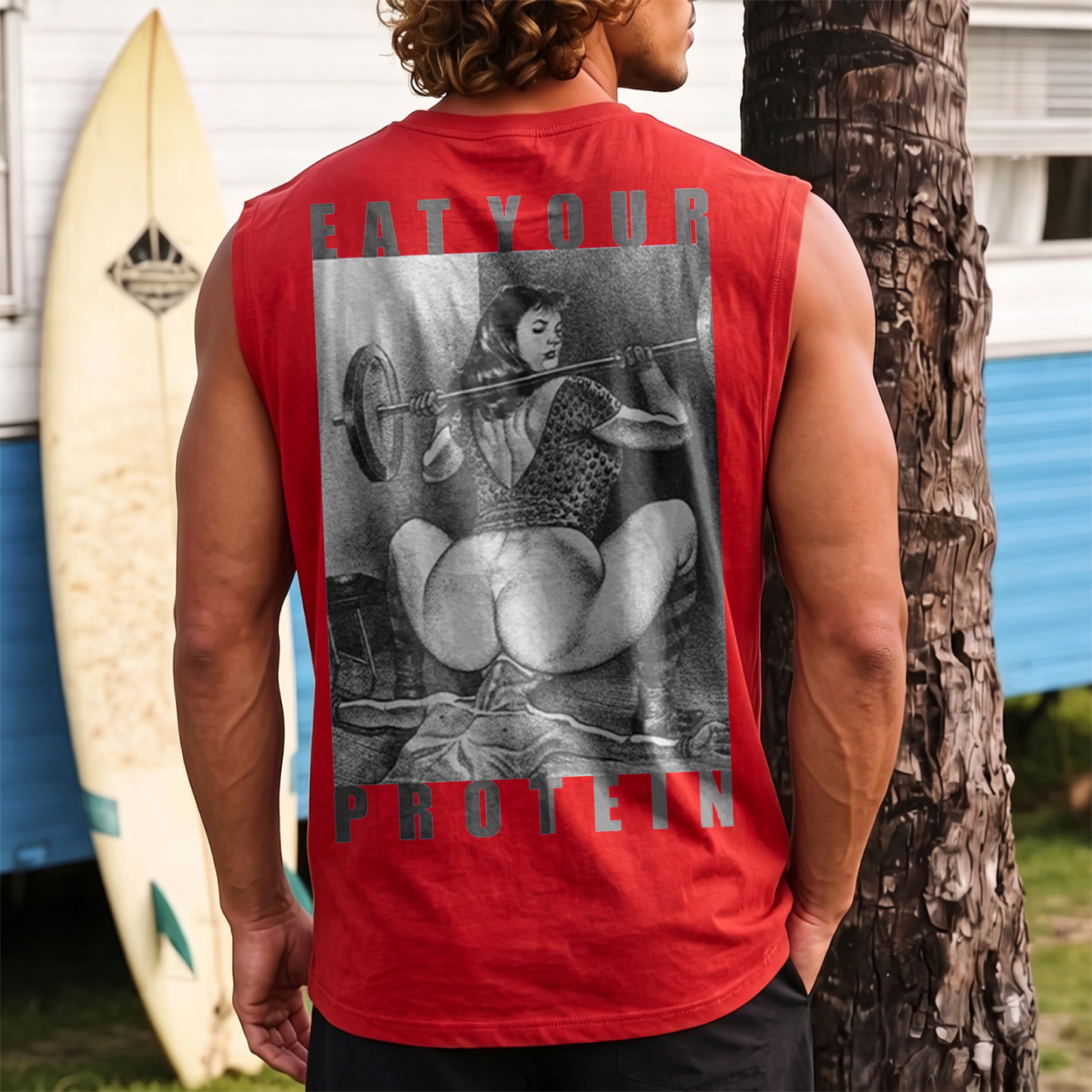 EAT YOUR PROTEIN Barbell Squat Double Entendre Erotica Adult Humor Print Men's Vest Image - 11