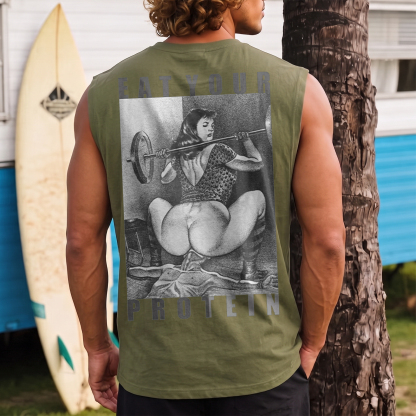 EAT YOUR PROTEIN Barbell Squat Double Entendre Erotica Adult Humor Print Men's Vest Image - 12