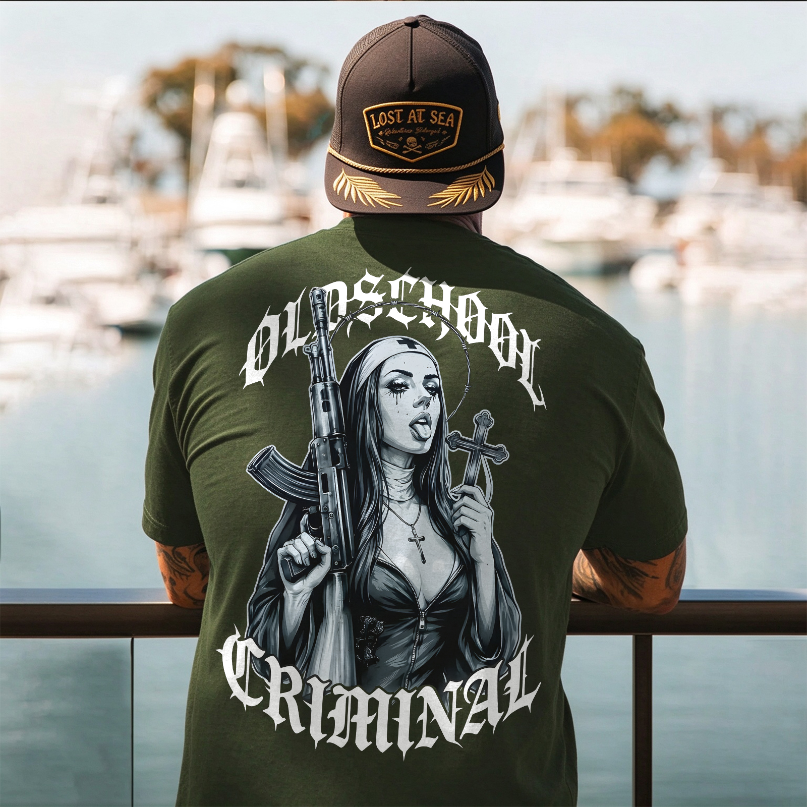 Old School Criminal Gangster Gothic Nun Assault Rifle Crucifix Cross Chicano Art Print Men's T-Shirt Image - 3