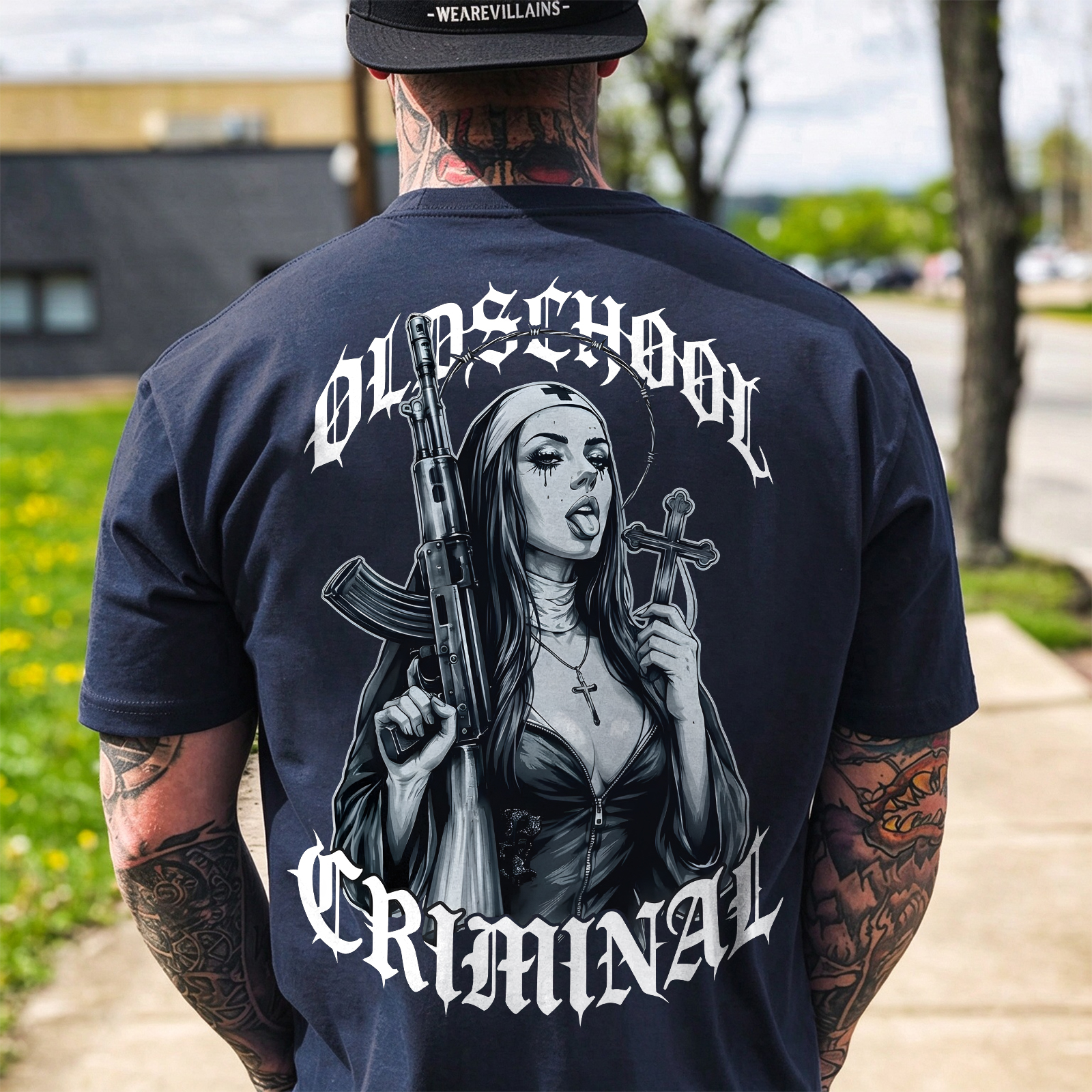 Old School Criminal Gangster Gothic Nun Assault Rifle Crucifix Cross Chicano Art Print Men's T-Shirt Image - 6