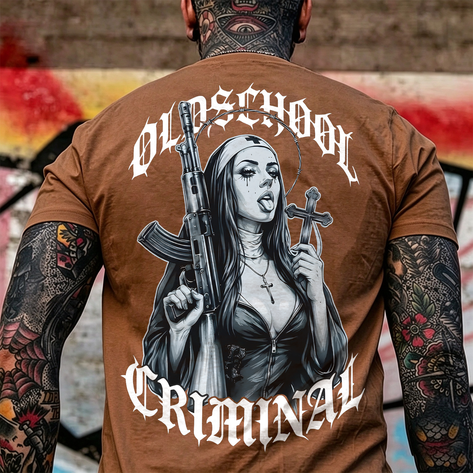 Old School Criminal Gangster Gothic Nun Assault Rifle Crucifix Cross Chicano Art Print Men's T-Shirt Image - 7
