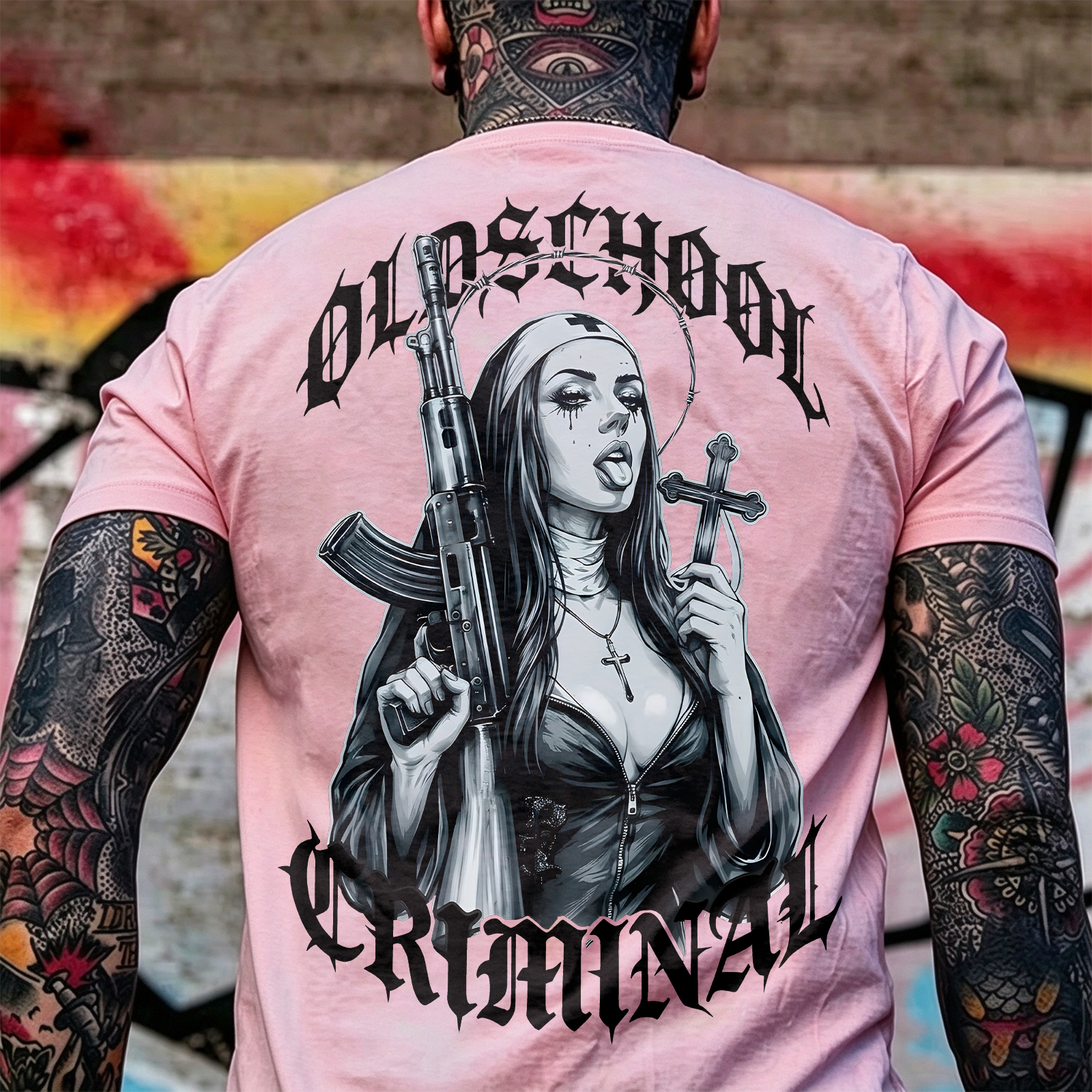 Old School Criminal Gangster Gothic Nun Assault Rifle Crucifix Cross Chicano Art Print Men's T-Shirt Image - 8