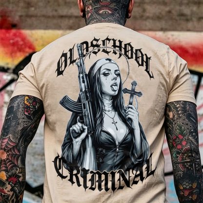 Old School Criminal Gangster Gothic Nun Assault Rifle Crucifix Cross Chicano Art Print Men's T-Shirt Image - 9