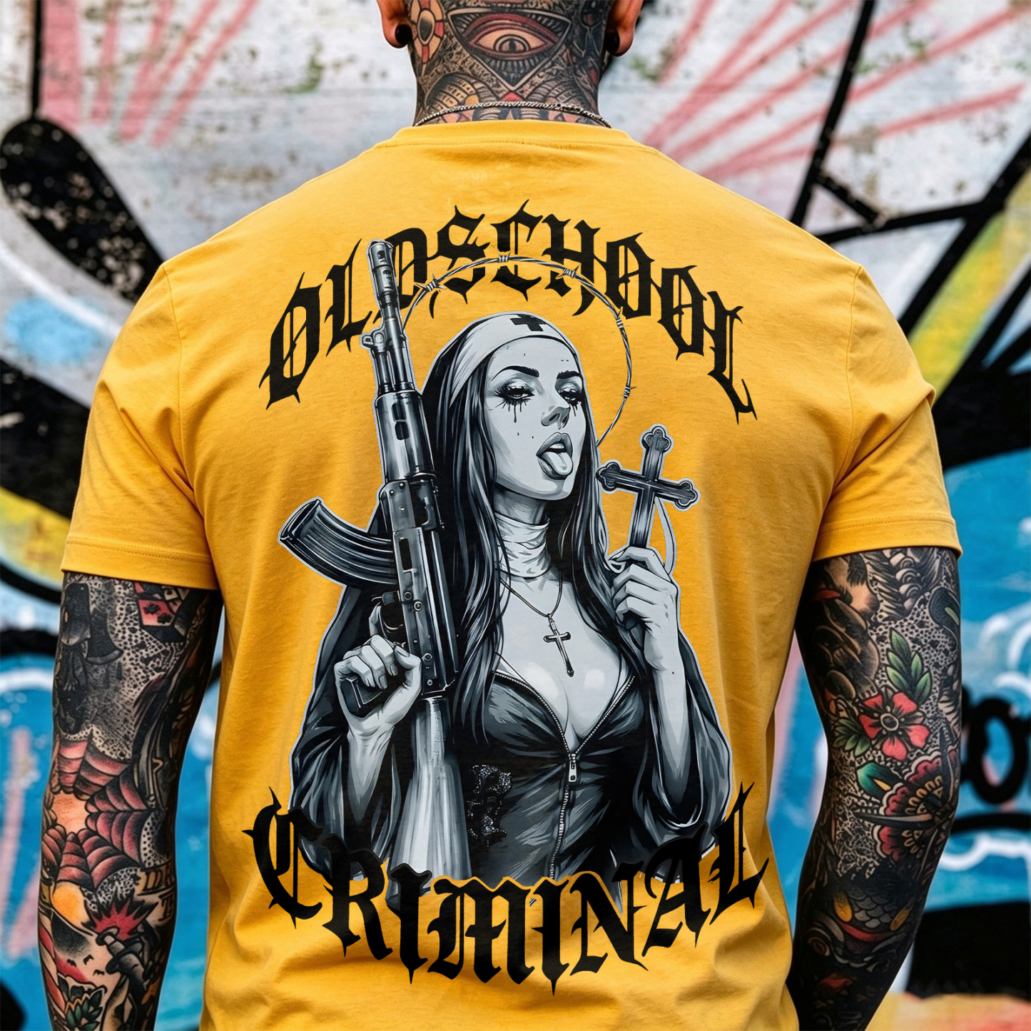 Old School Criminal Gangster Gothic Nun Assault Rifle Crucifix Cross Chicano Art Print Men's T-Shirt Image - 11