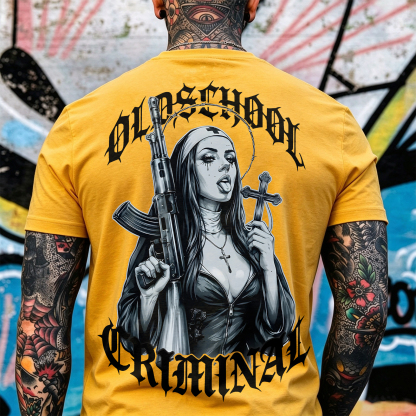 Old School Criminal Gangster Gothic Nun Assault Rifle Crucifix Cross Chicano Art Print Men's T-Shirt Image - 11