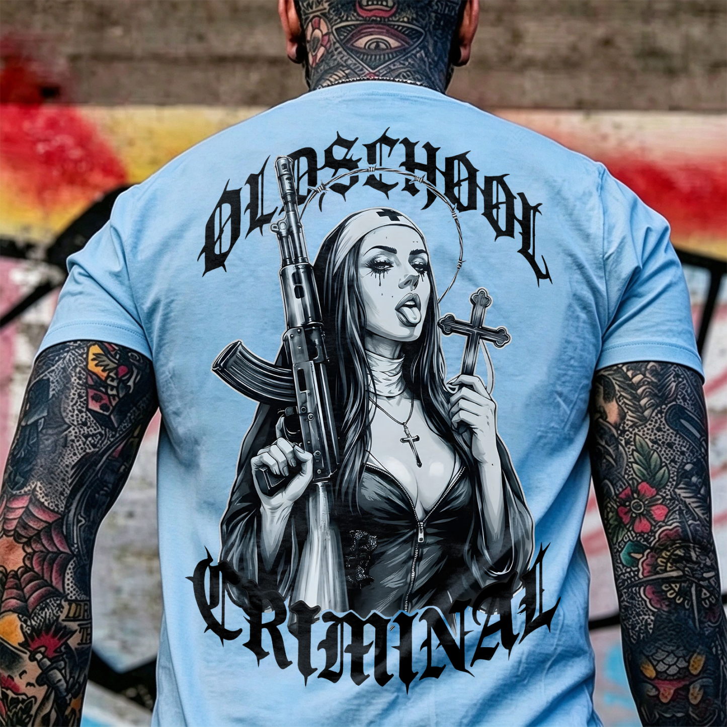 Old School Criminal Gangster Gothic Nun Assault Rifle Crucifix Cross Chicano Art Print Men's T-Shirt Image - 13