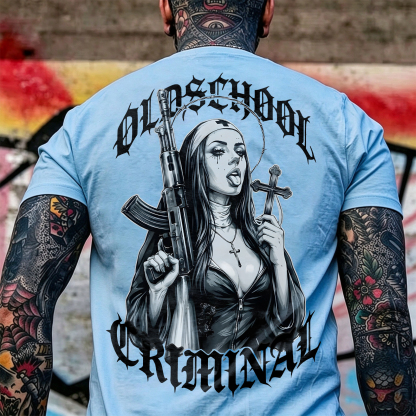 Old School Criminal Gangster Gothic Nun Assault Rifle Crucifix Cross Chicano Art Print Men's T-Shirt Image - 13