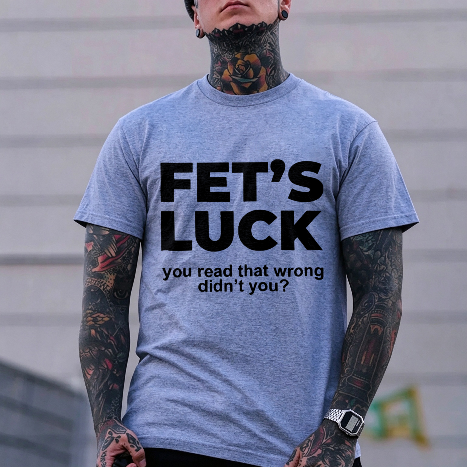 Fet's Luck you read that wrong didn't you? Optical Illusion & Adult Parody Humor Brain Teaser Rude Joke Mind Control Streetwear Print Men's T-Shirt Image - 2