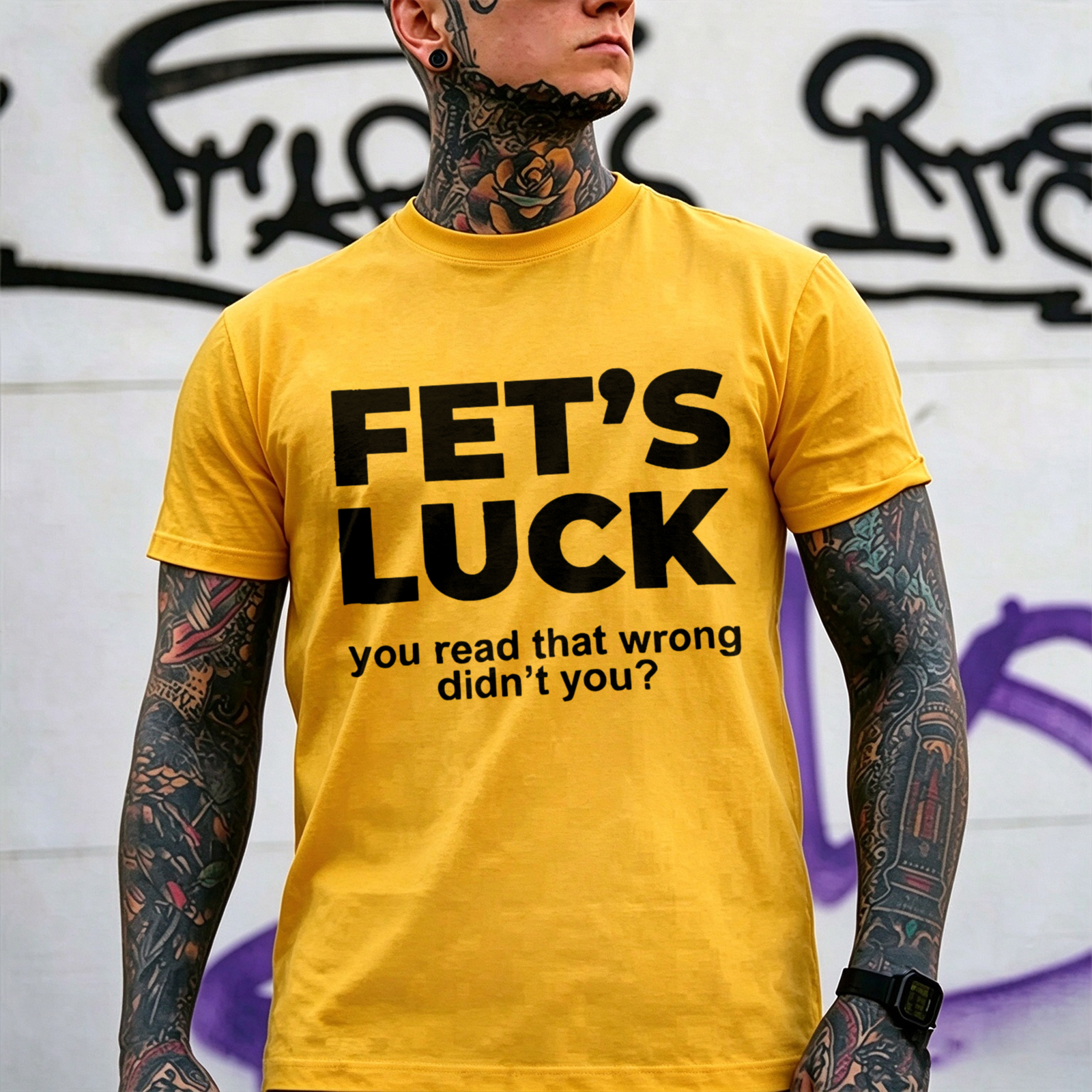 Fet's Luck you read that wrong didn't you? Optical Illusion & Adult Parody Humor Brain Teaser Rude Joke Mind Control Streetwear Print Men's T-Shirt Image - 13