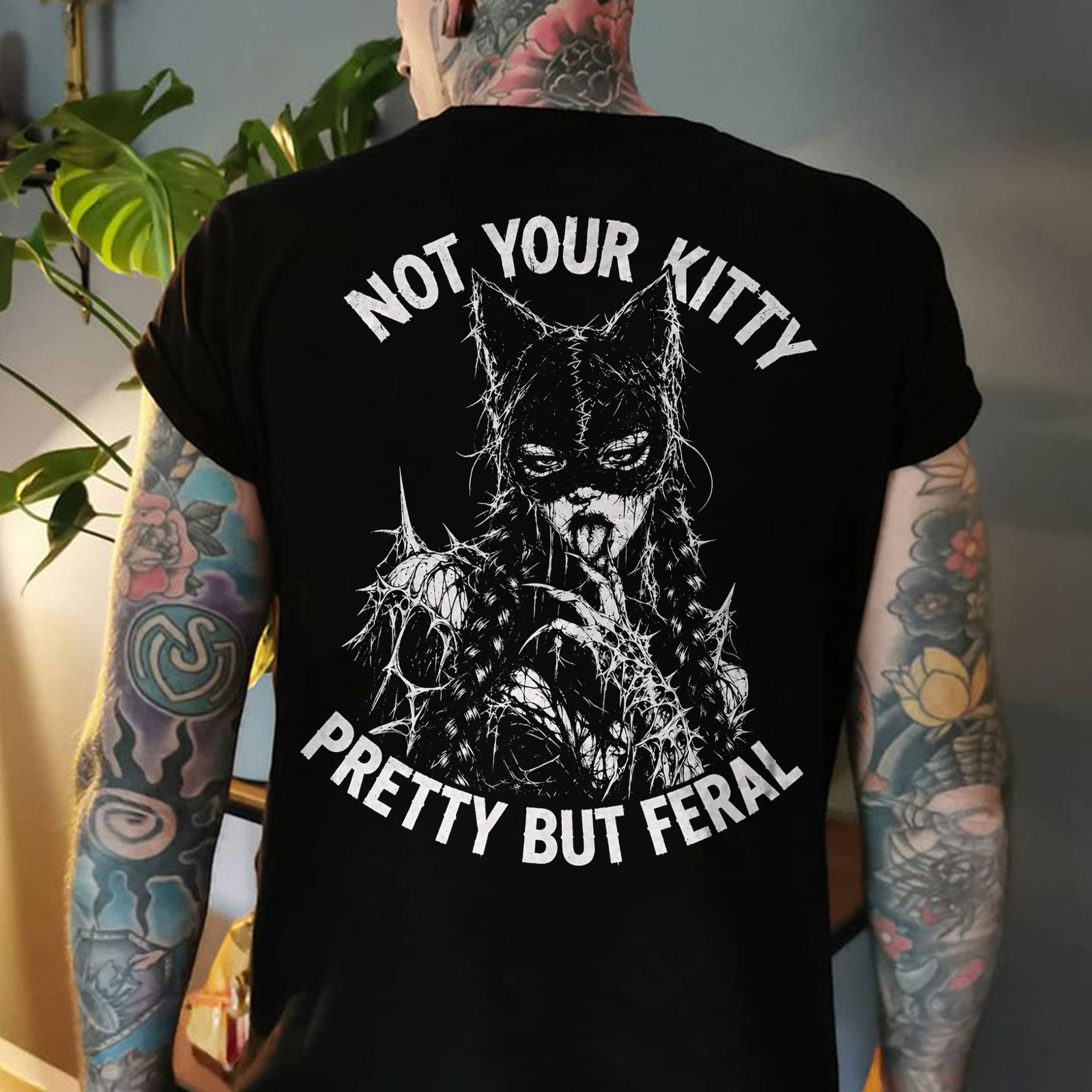 Not Your Kitty Pretty But Feral Catwoman Licking Finger Mask Thorns Wire Grunge Goth Men's Graphic T-Shirt Image - 1