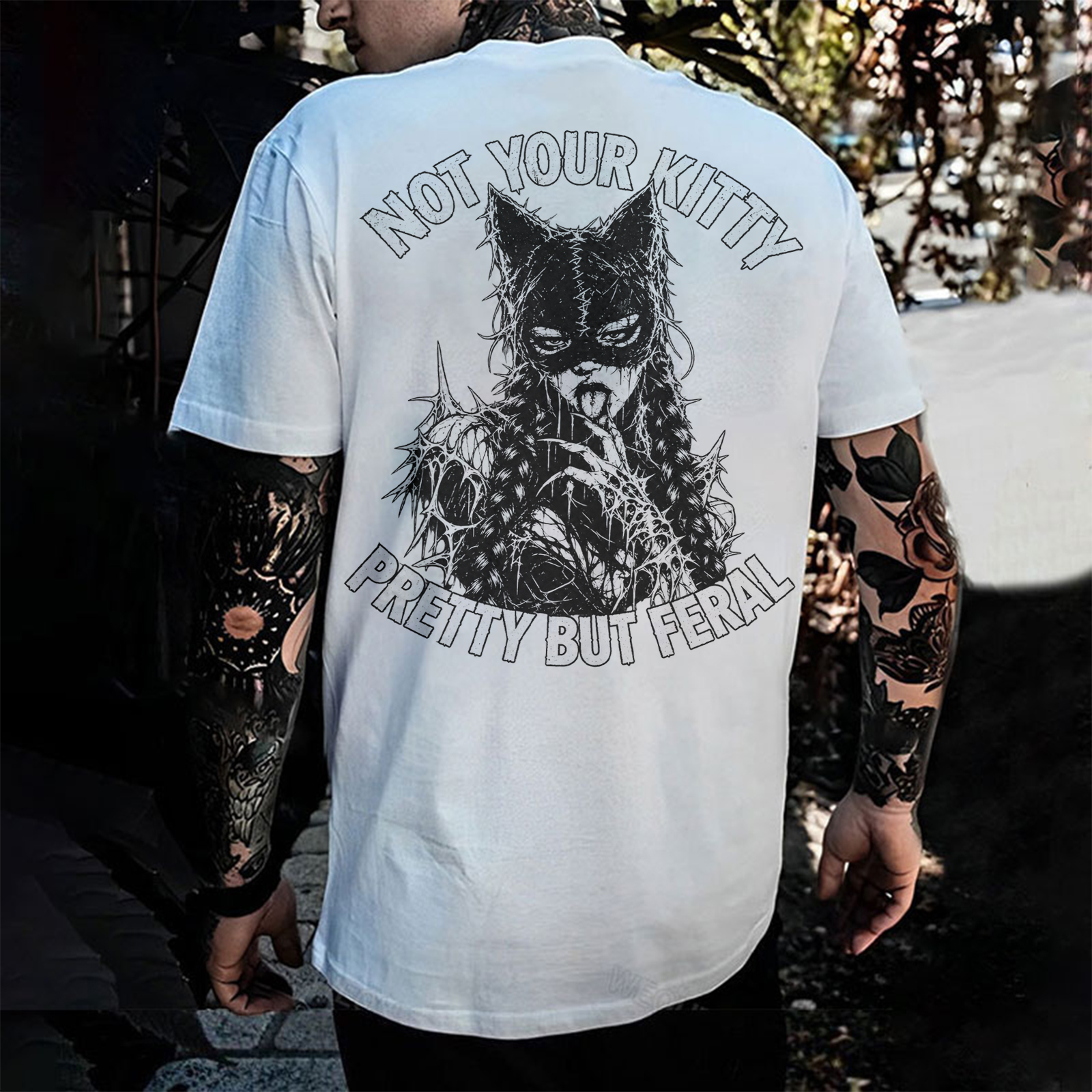 Not Your Kitty Pretty But Feral Catwoman Licking Finger Mask Thorns Wire Grunge Goth Men's Graphic T-Shirt Image - 2