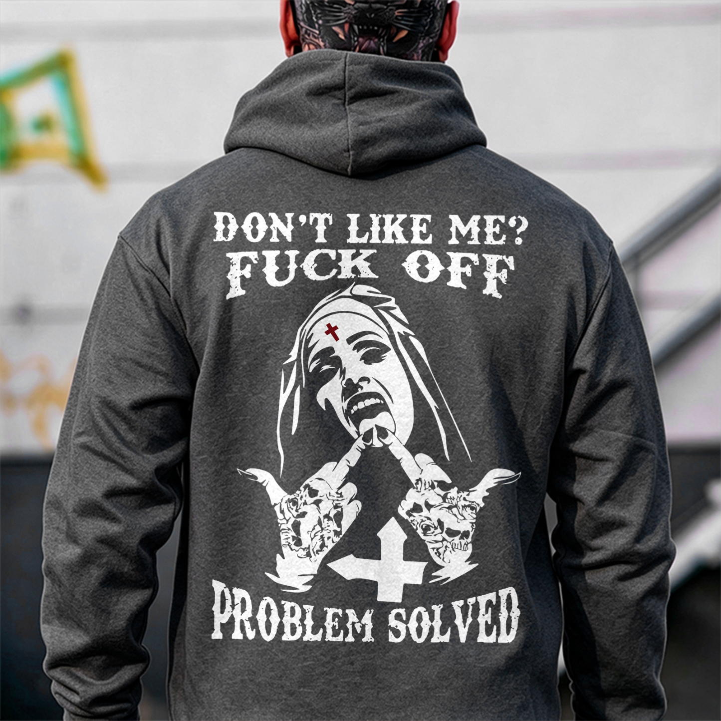 DON'T LIKE ME F*CK OFF Nun Black Print Hoodie Image - 11