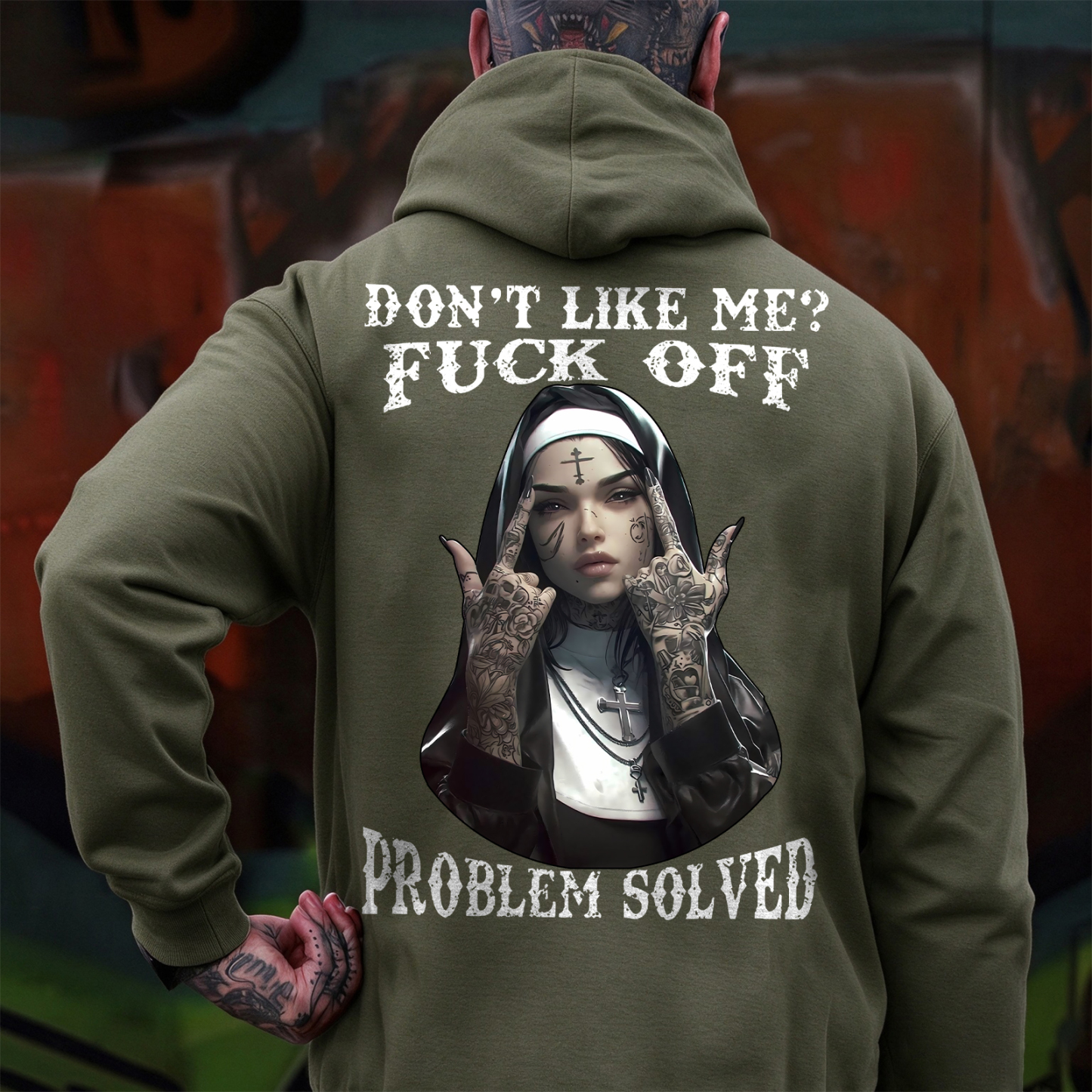 DON'T LIKE ME F*CK OFF Defiant Nun Print Men's Hoodie Image - 12