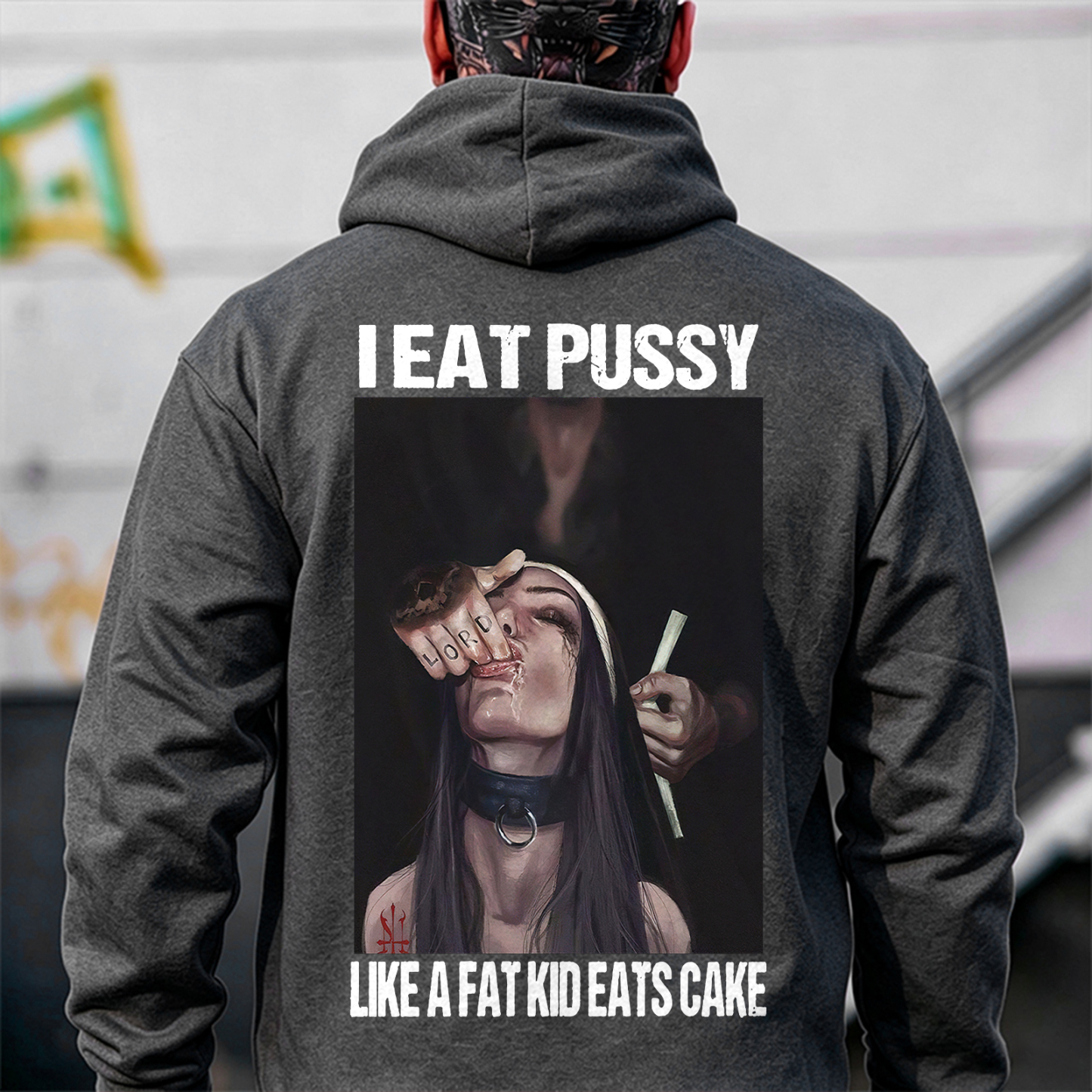I EAT PUSSY LIKE A FAT KID EATS CAKE Suck Finger Nun Print Men's Hoodie Image - 4