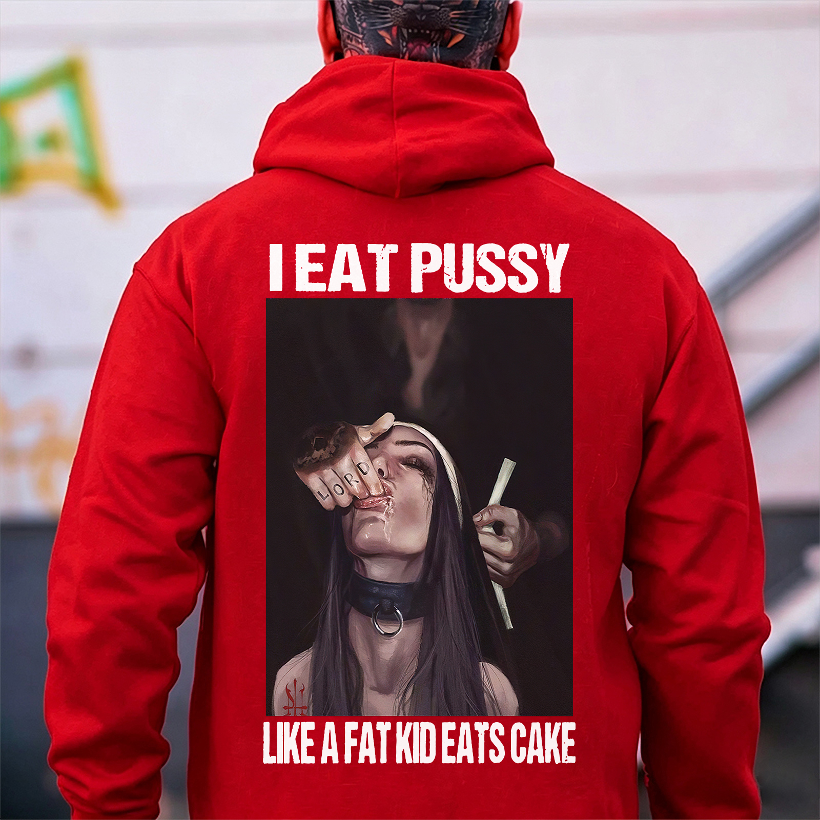 I EAT PUSSY LIKE A FAT KID EATS CAKE Suck Finger Nun Print Men's Hoodie Image - 5