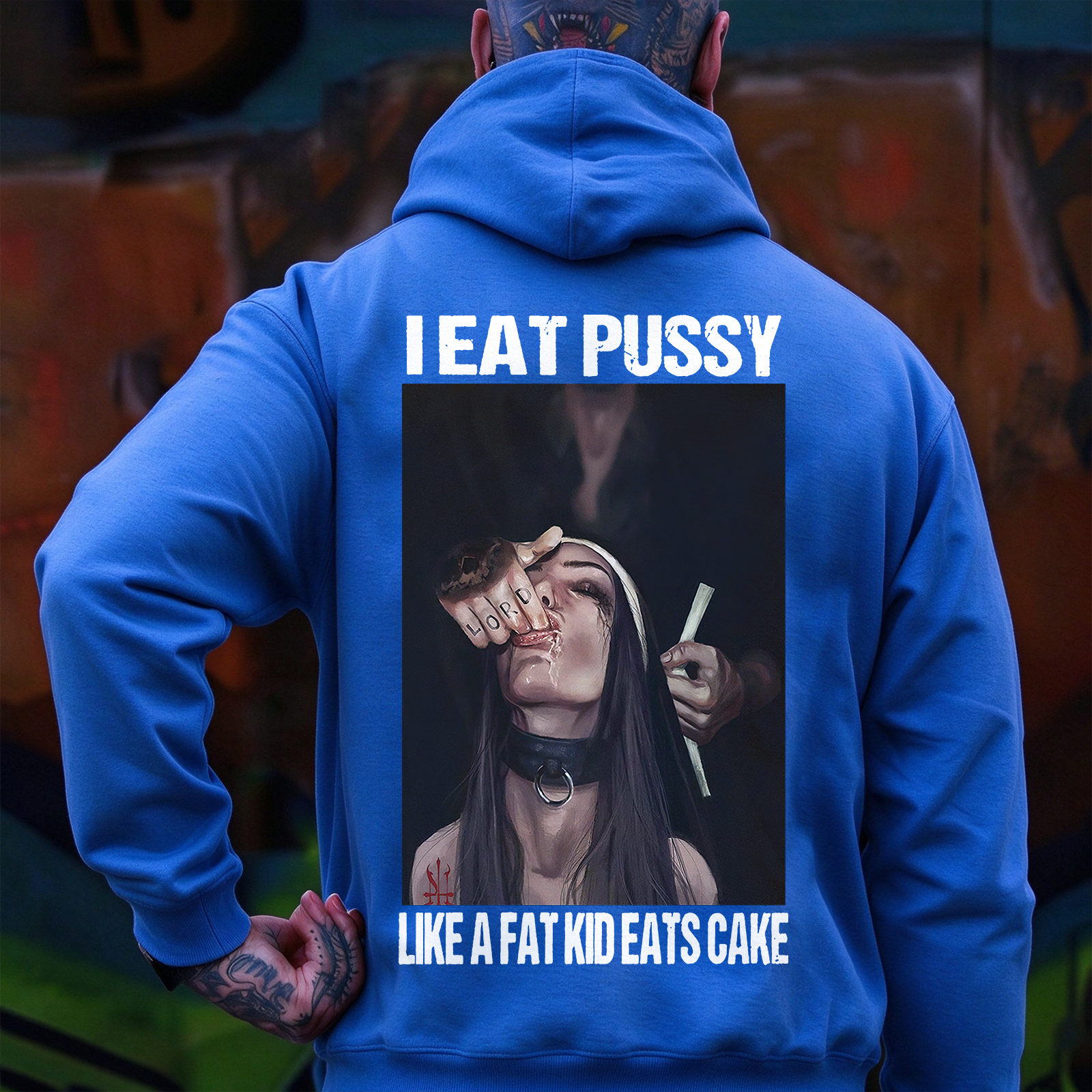 I EAT PUSSY LIKE A FAT KID EATS CAKE Suck Finger Nun Print Men's Hoodie Image - 8