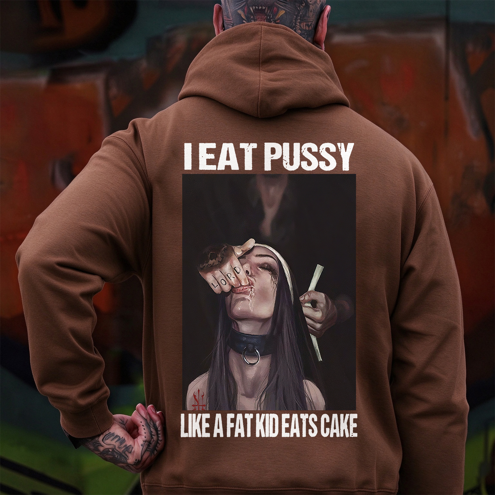 I EAT PUSSY LIKE A FAT KID EATS CAKE Suck Finger Nun Print Men's Hoodie Image - 9