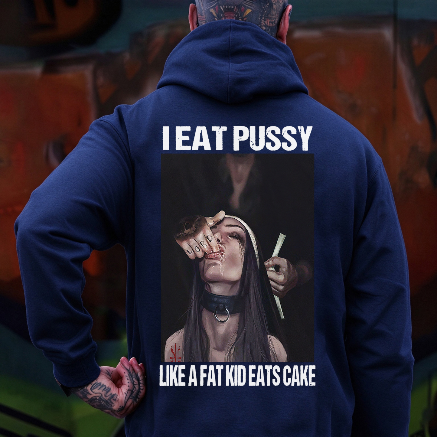 I EAT PUSSY LIKE A FAT KID EATS CAKE Suck Finger Nun Print Men's Hoodie Image - 10