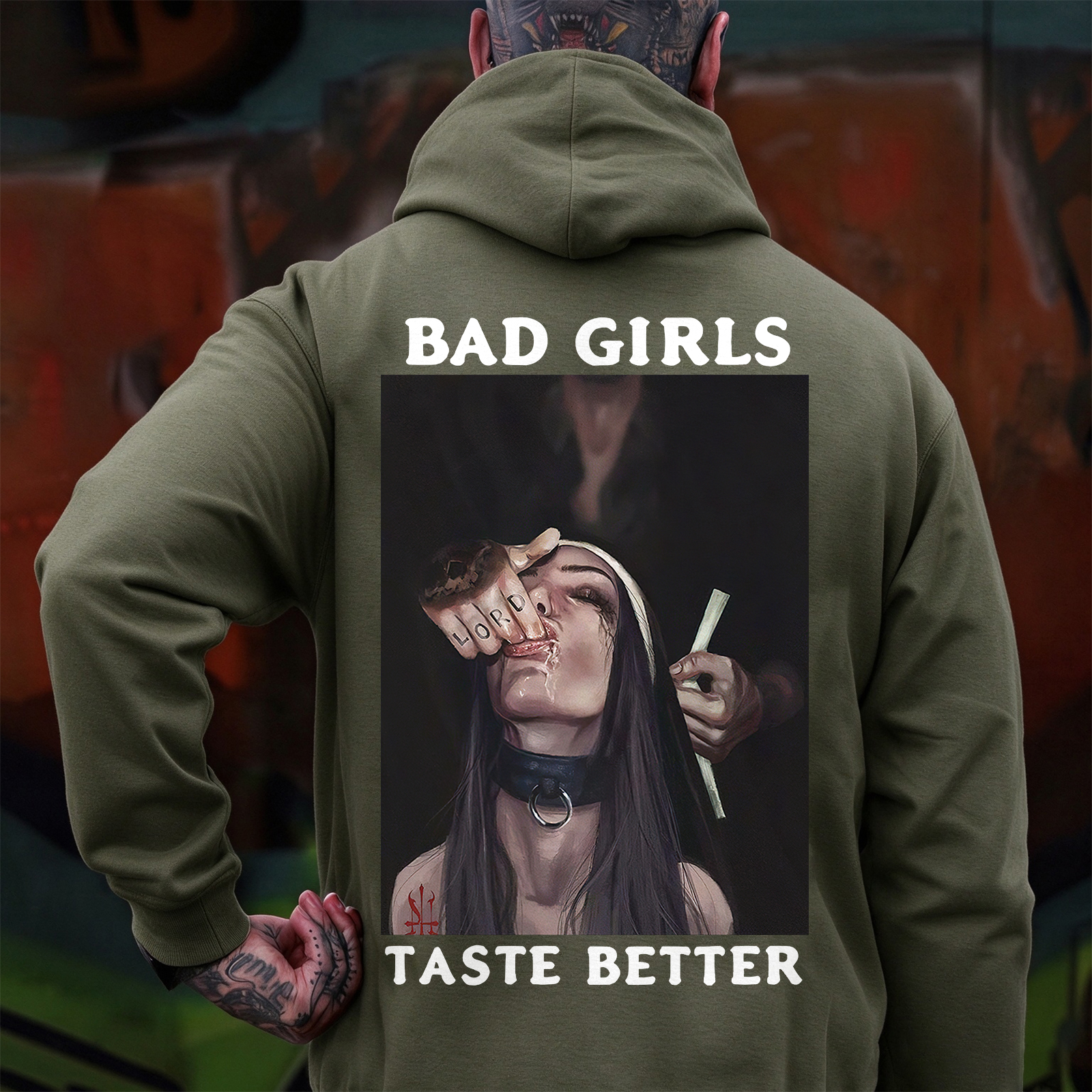 BAD GIRLS TASTE BETTER Suck Finger Nun Print Men's Hoodie Image - 10