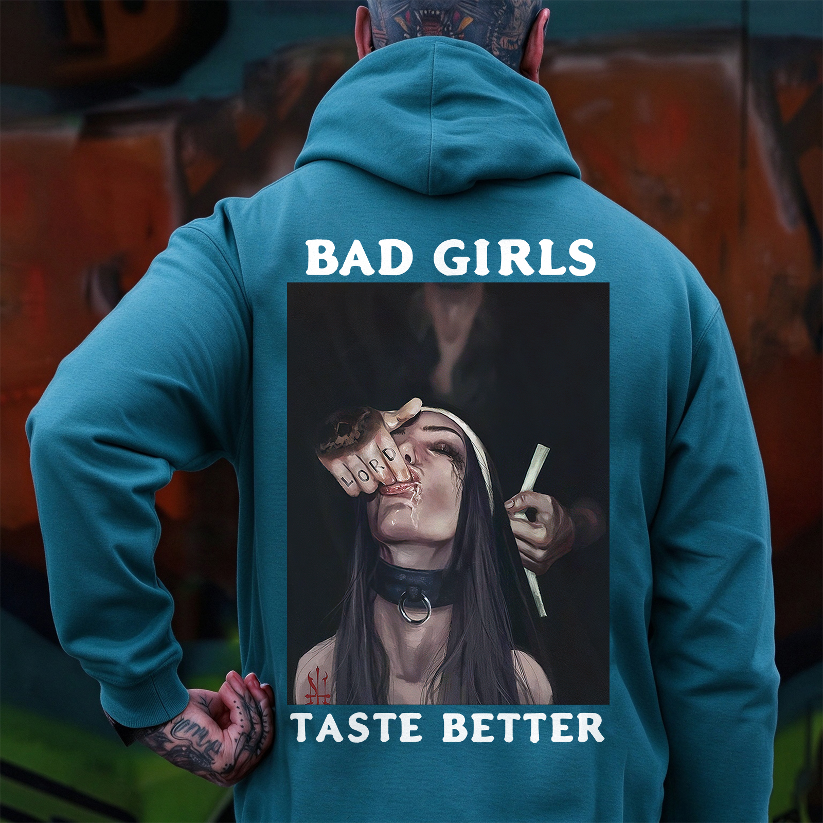 BAD GIRLS TASTE BETTER Suck Finger Nun Print Men's Hoodie Image - 11