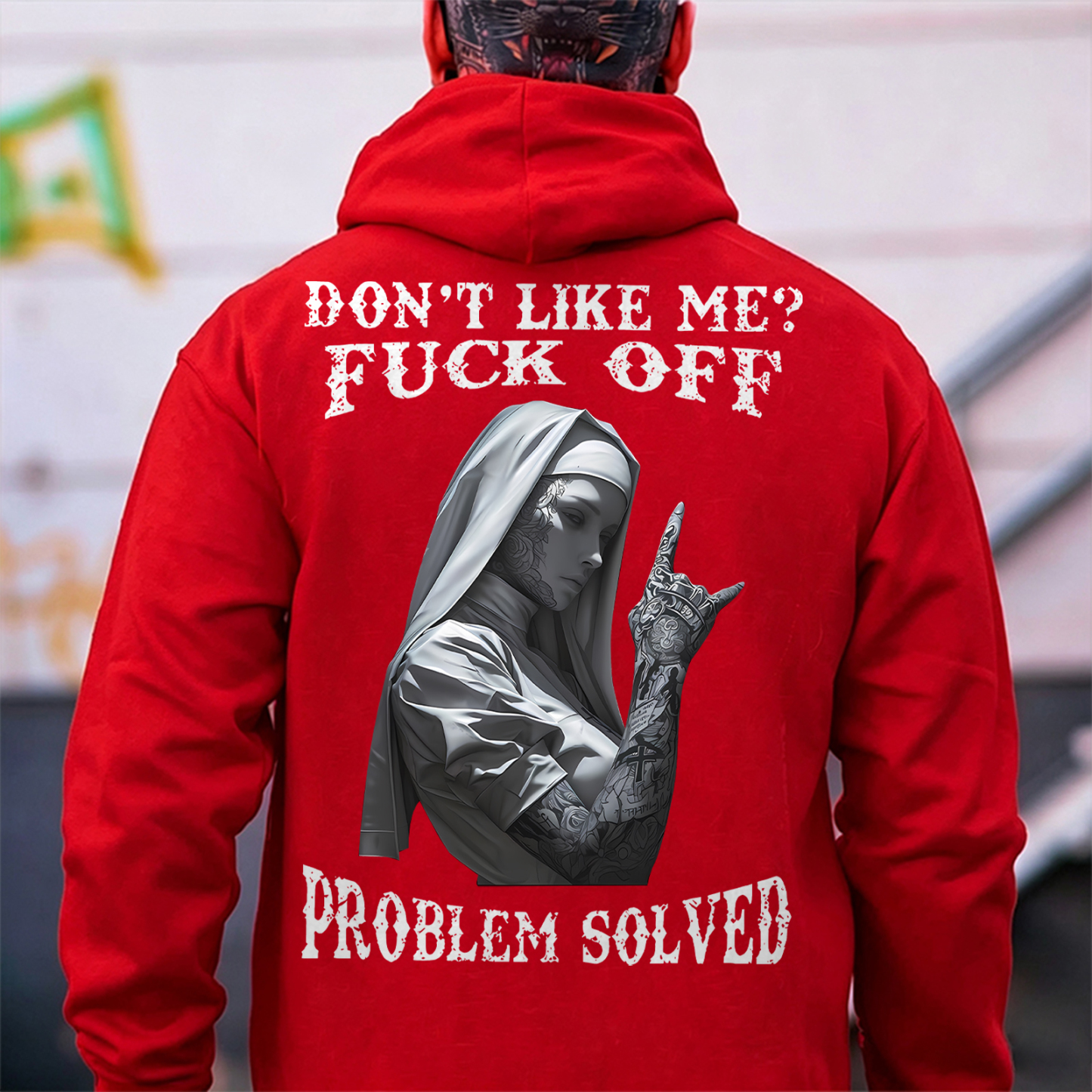 DON'T LIKE ME F*CK OFF Tattooed Nun Print Men's Hoodie Image - 5