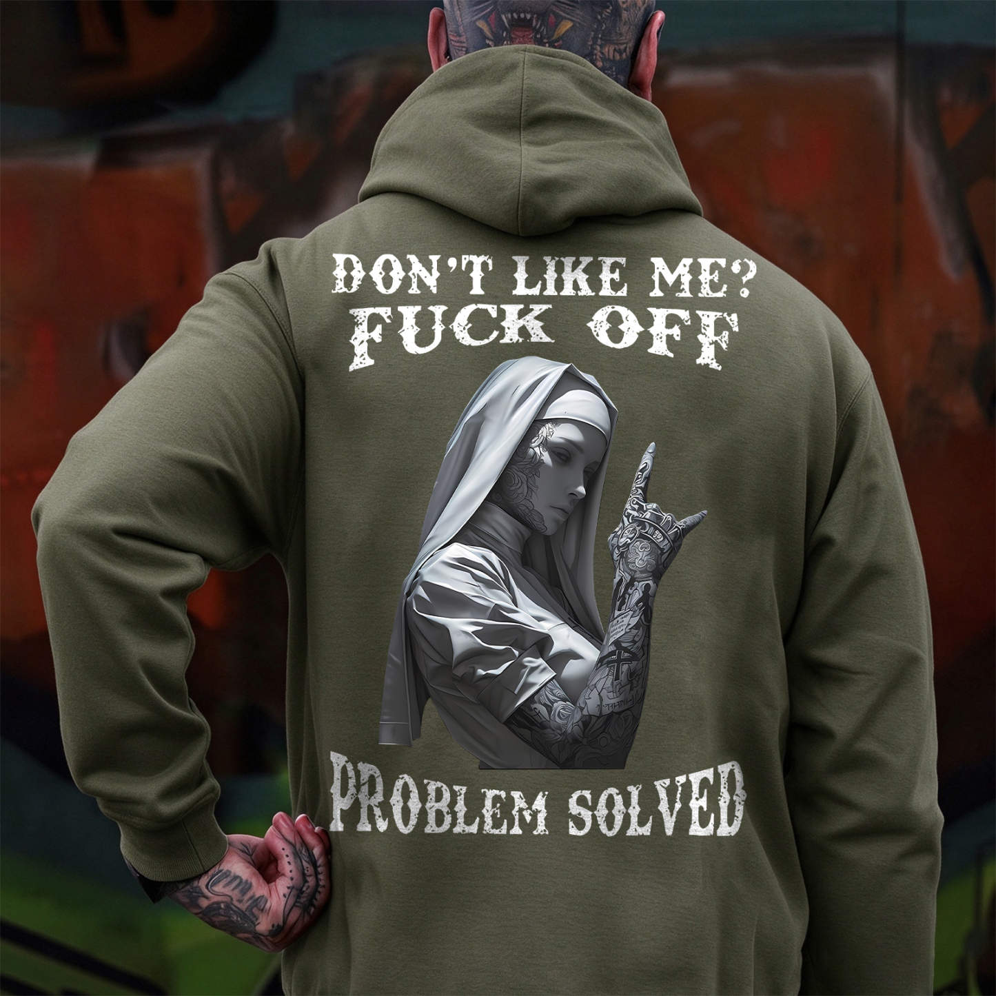 DON'T LIKE ME F*CK OFF Tattooed Nun Print Men's Hoodie Image - 4