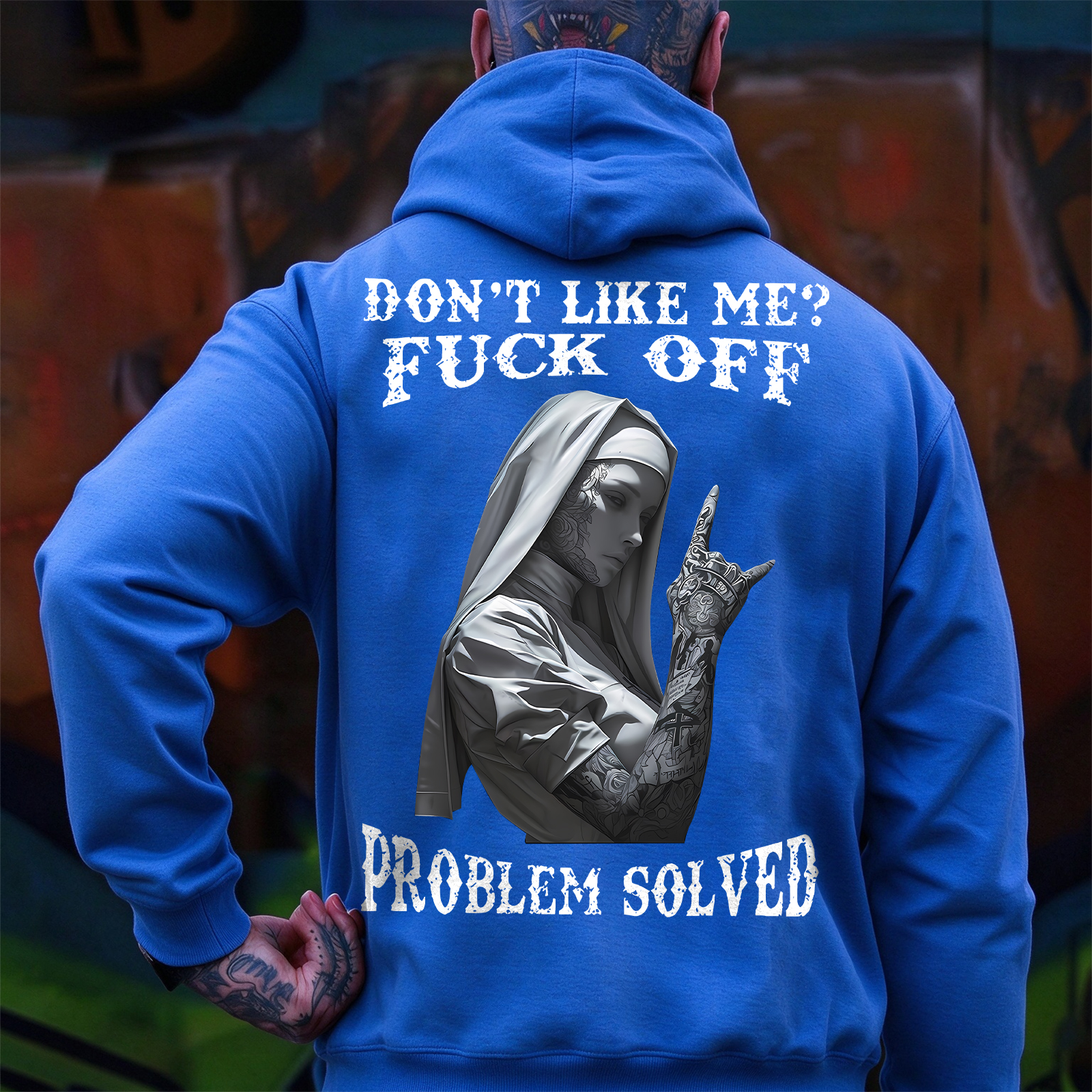 DON'T LIKE ME F*CK OFF Tattooed Nun Print Men's Hoodie Image - 9