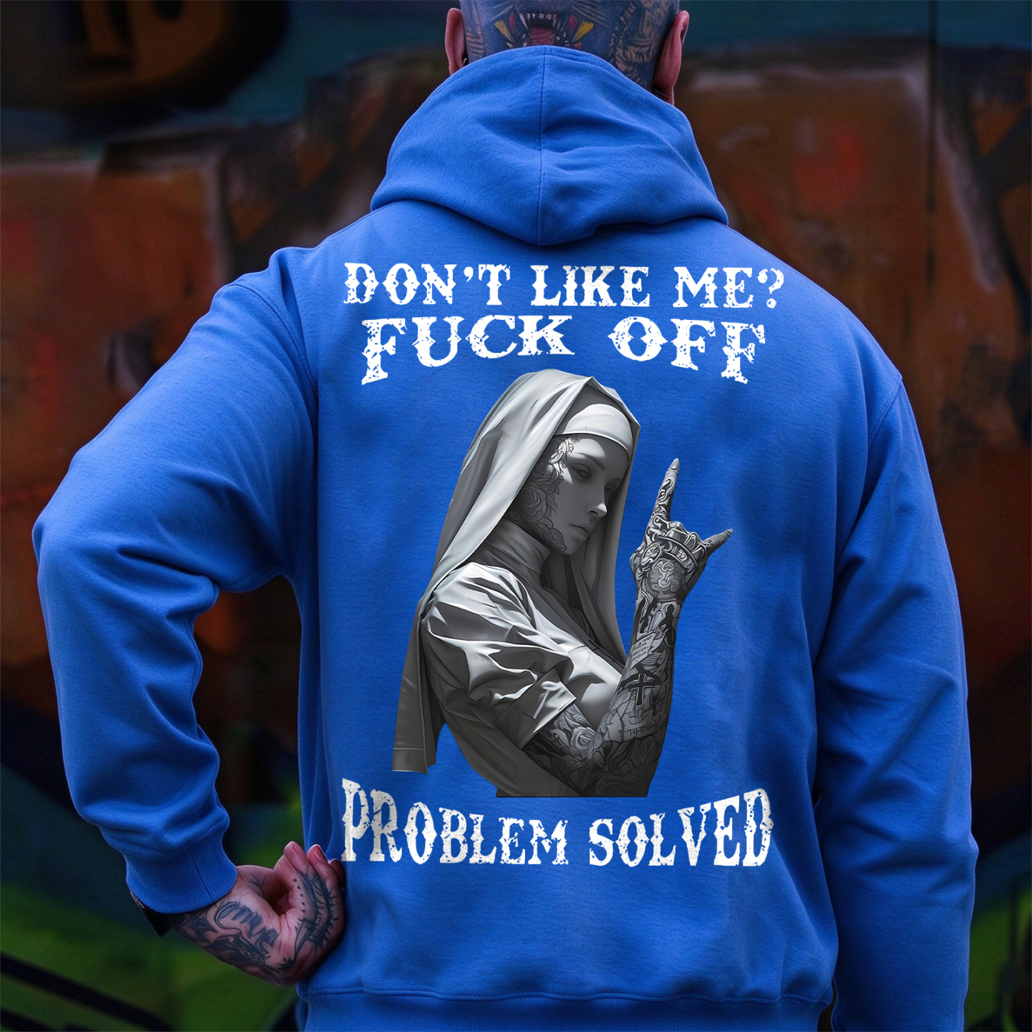 DON'T LIKE ME F*CK OFF Tattooed Nun Print Men's Hoodie Image - 9