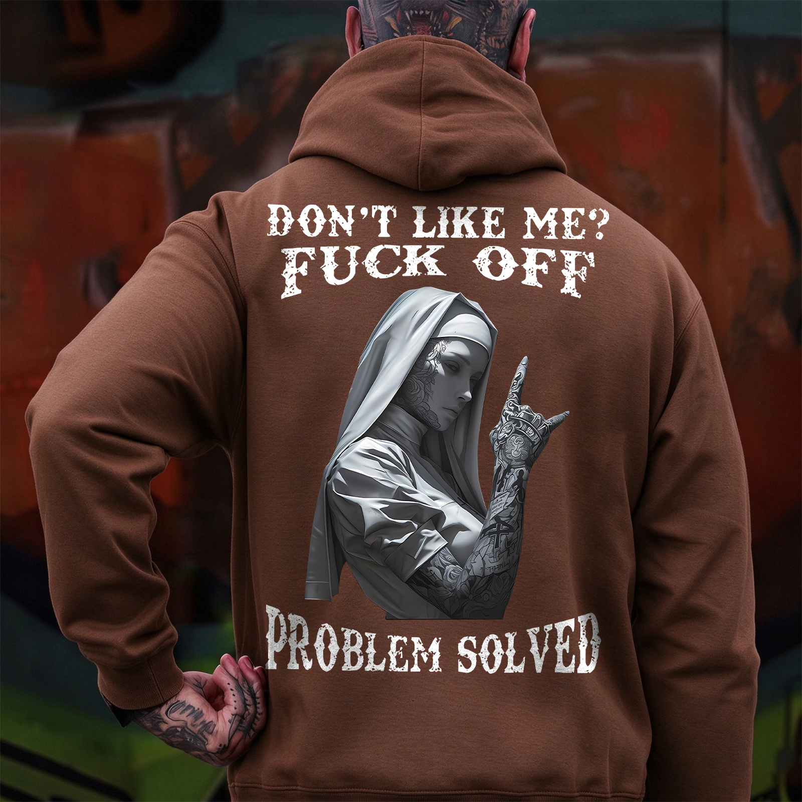 DON'T LIKE ME F*CK OFF Tattooed Nun Print Men's Hoodie Image - 10