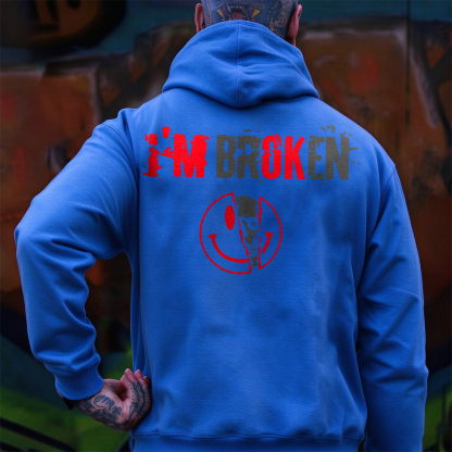 I’M BROKEN Smiling Face Graphic Casual Black Print Hoodie Image - 10