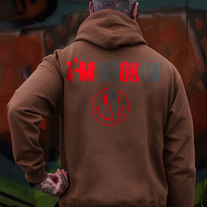 I’M BROKEN Smiling Face Graphic Casual Black Print Hoodie Image - 11