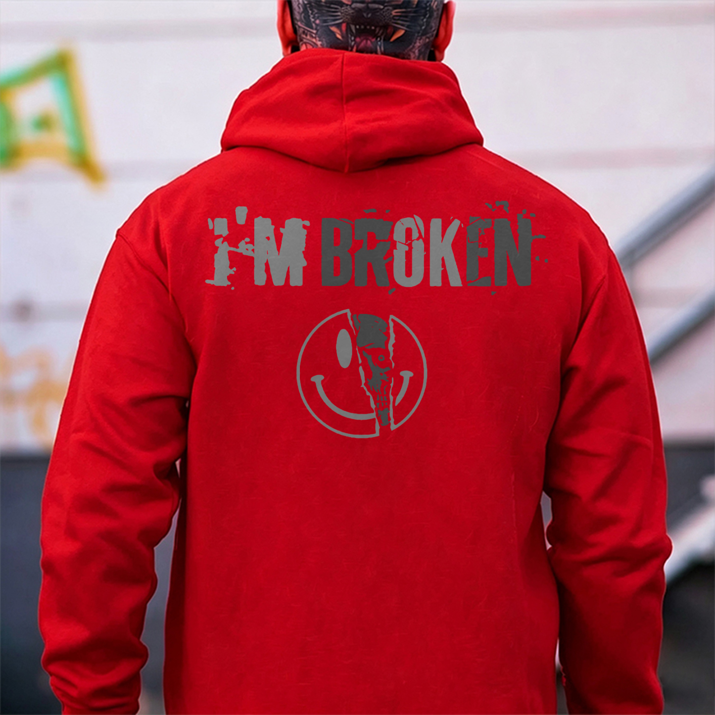 I’M BROKEN Smiling Face Graphic Casual Black Print Hoodie Image - 13