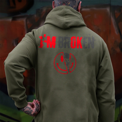 I’M BROKEN Smiling Face Graphic Casual Black Print Hoodie Image - 15