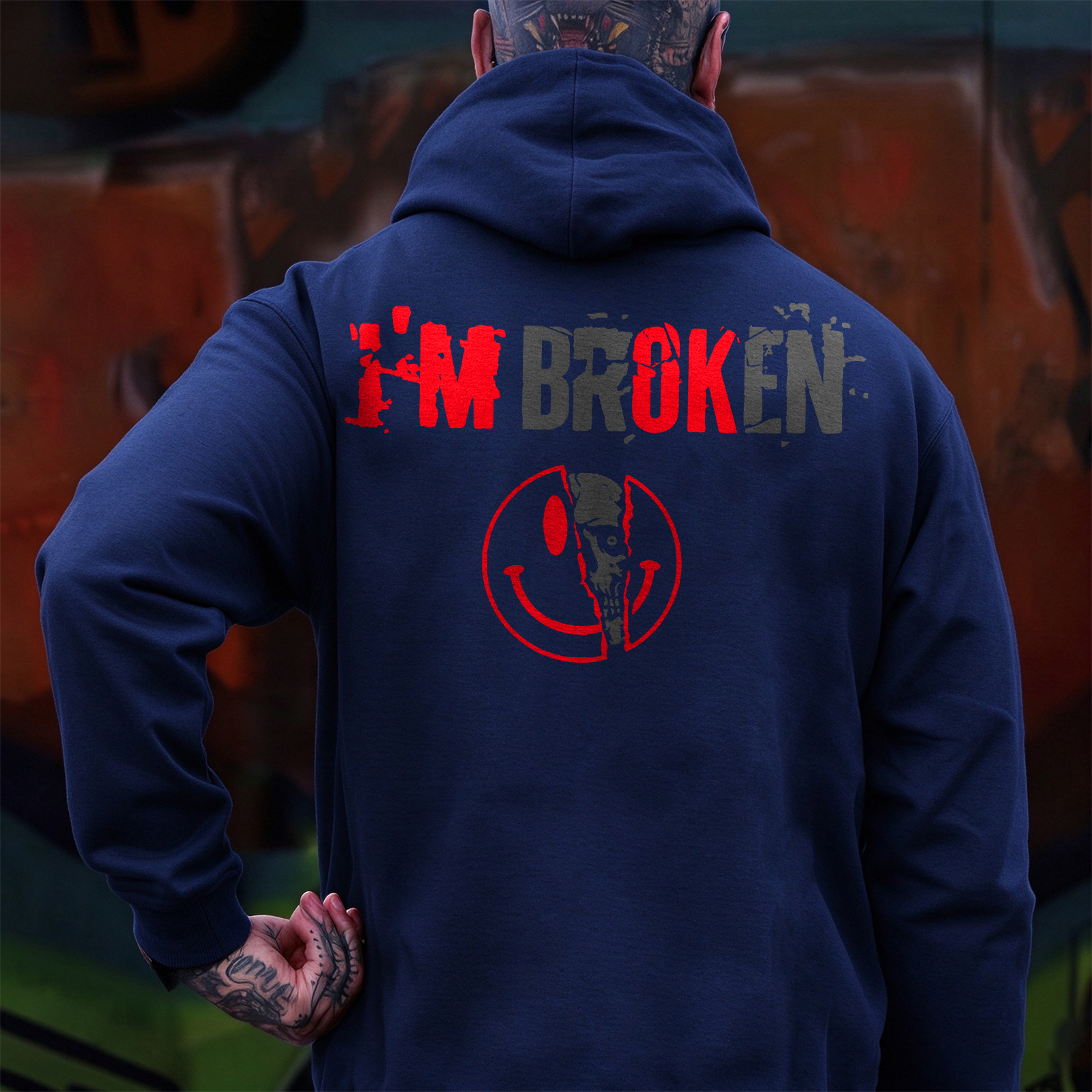 I’M BROKEN Smiling Face Graphic Casual Black Print Hoodie Image - 16