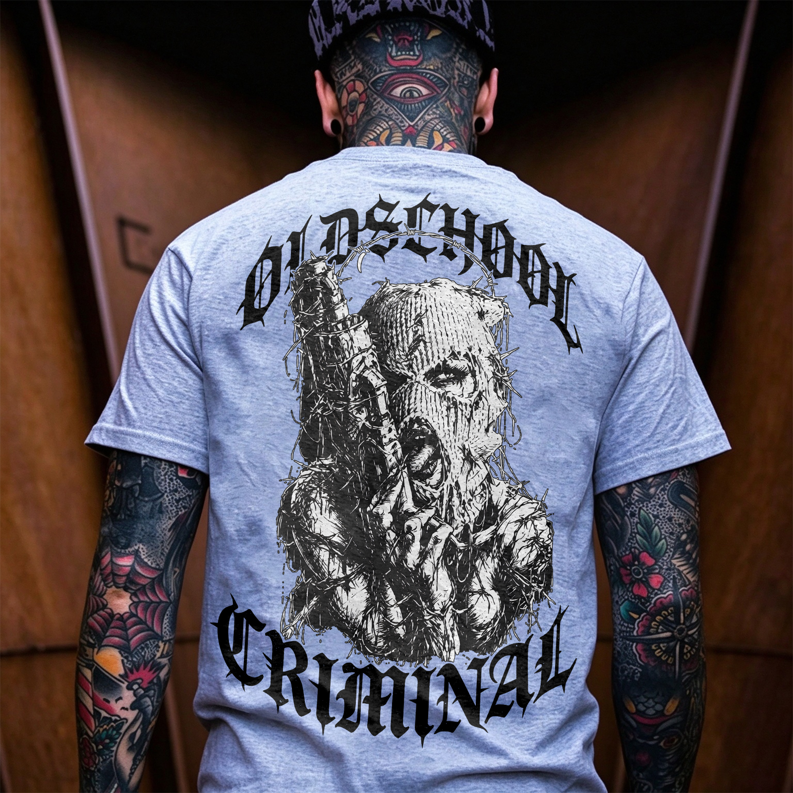 Old School Criminal Ski Mask Girl Licking Tongue Barbed Wire Provocative Chicano Gangster Men's Graphic T-Shirt Image - 2