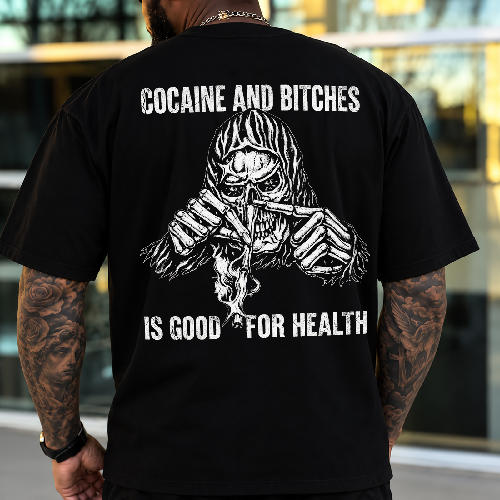 Cocaine and Bitches Good for Health Grim Reaper Skull Snorting Skeleton Sarcastic Rebellious Men's Graphic T-Shirt Image - 1