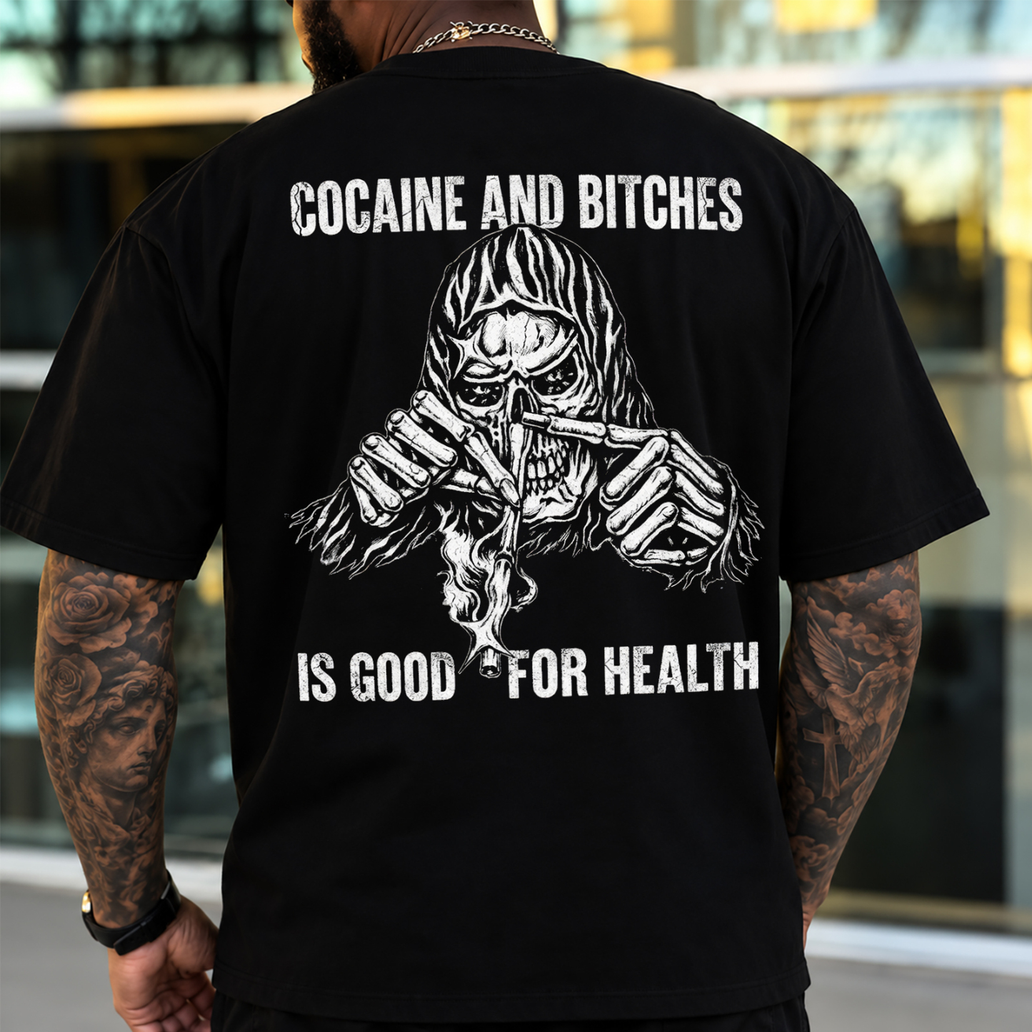 C0caine and Bitches Good for Health Grim Reaper Skull Snorting Skeleton Sarcastic Rebellious Men's Graphic T-Shirt