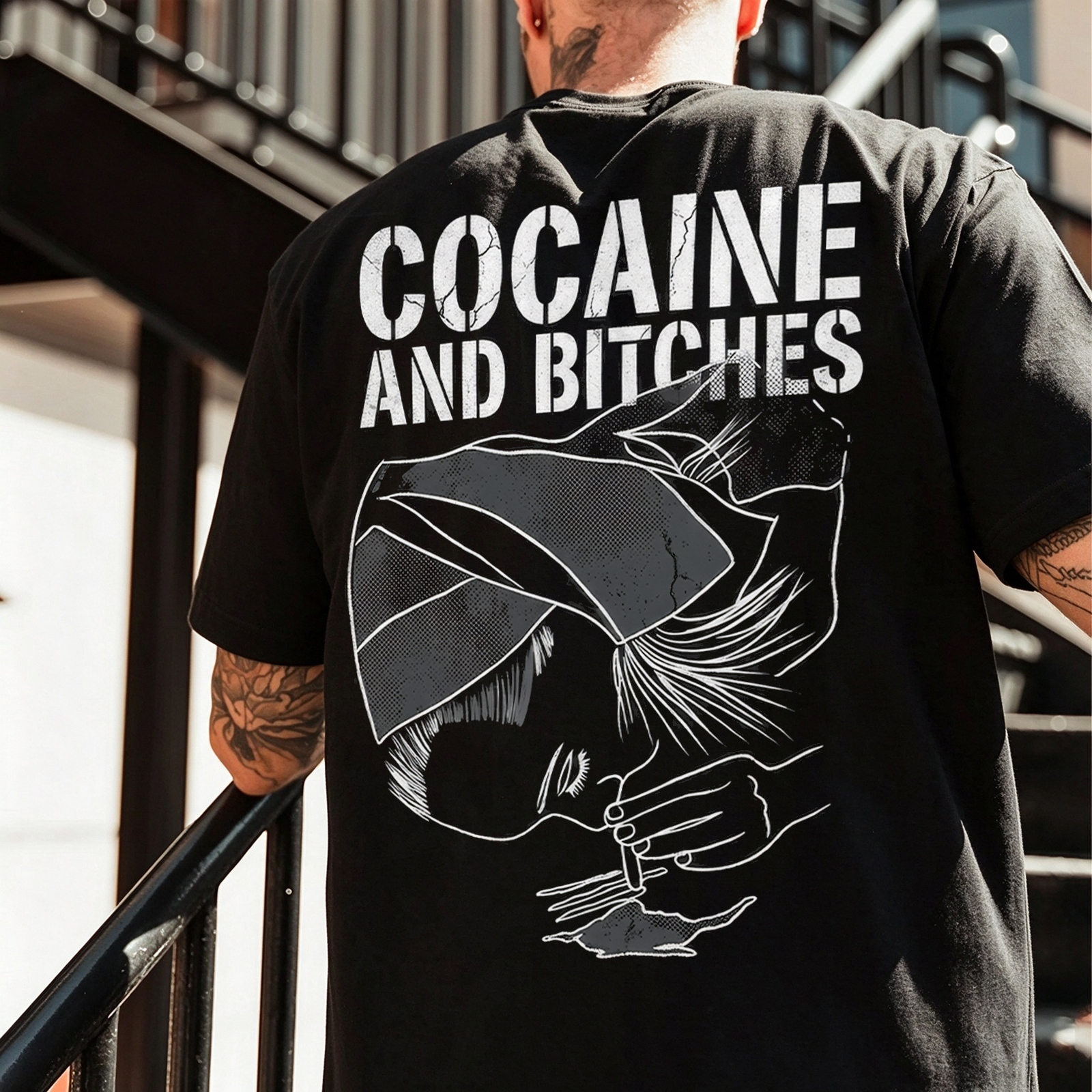 Cocaine and Bitches Bandana Girl Snorting Line Art Rebellious Edgy Men's Graphic T-Shirt Image - 1