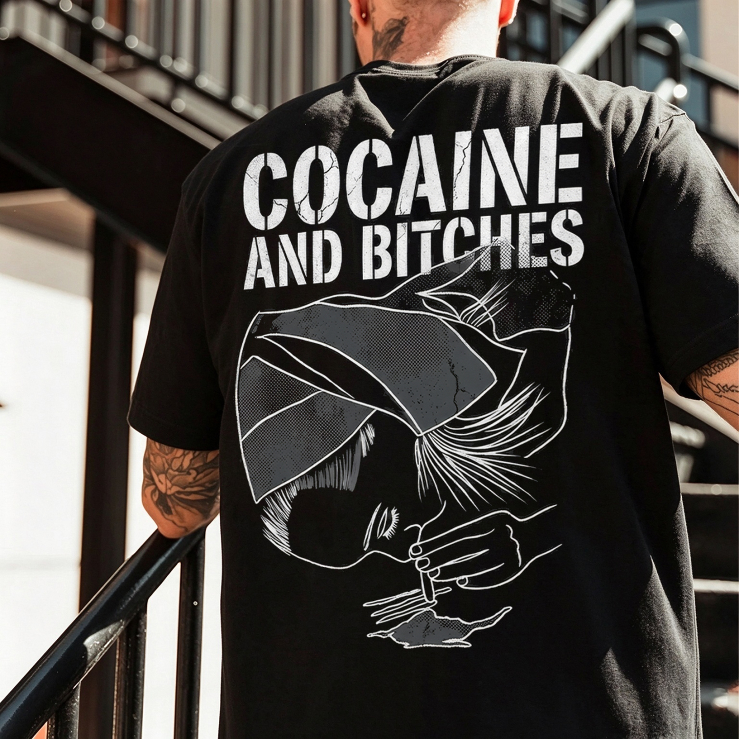 C0caine and Bitches Bandana Girl Snorting Line Art Rebellious Edgy Men's Graphic T-Shirt